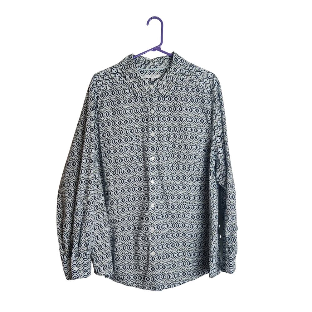 Foxcroft Wrinkle Free Fitted Button Up Shirt  Ikat Print 22W Roll Tab Sleeves